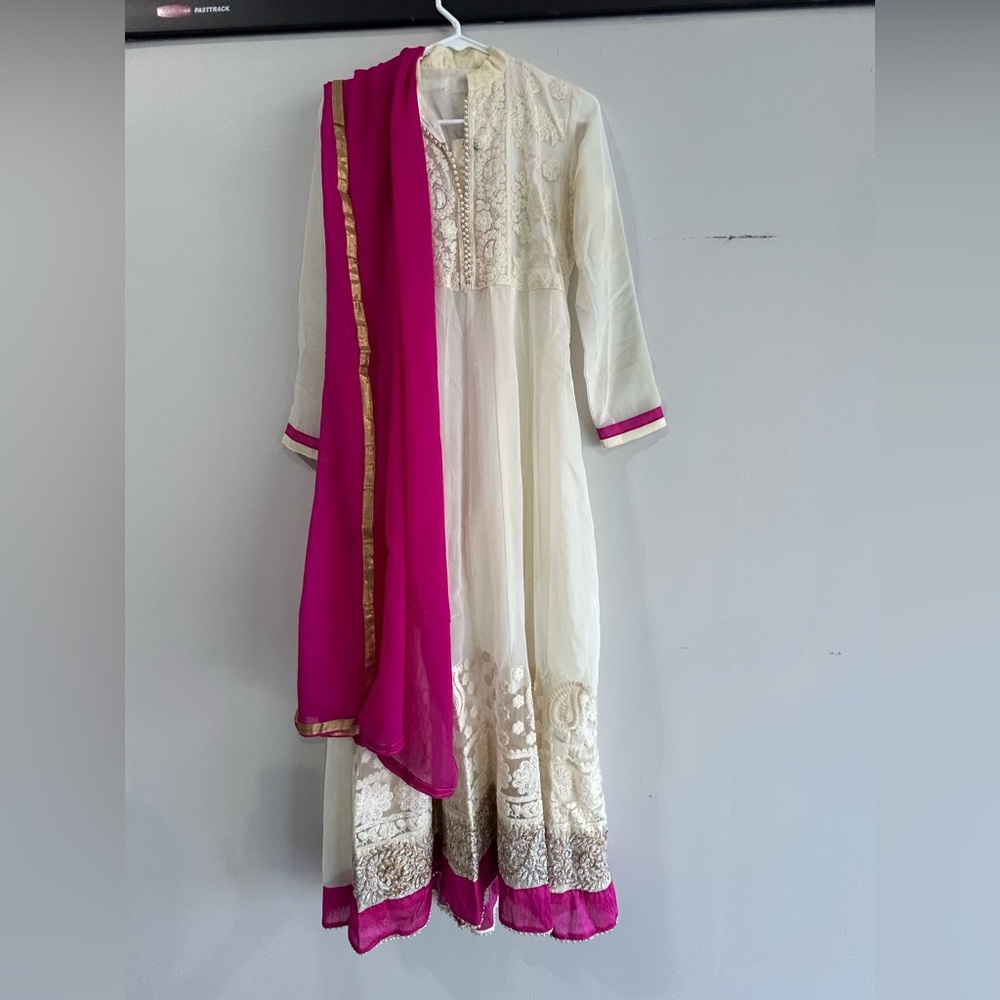 White and Pink Embroidered Dress with Dupatta